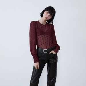 Zara red sheer blouse with velvet dots